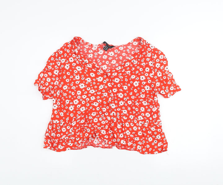 New Look Women Red Floral Cropped V-Neck Blouse UK 16