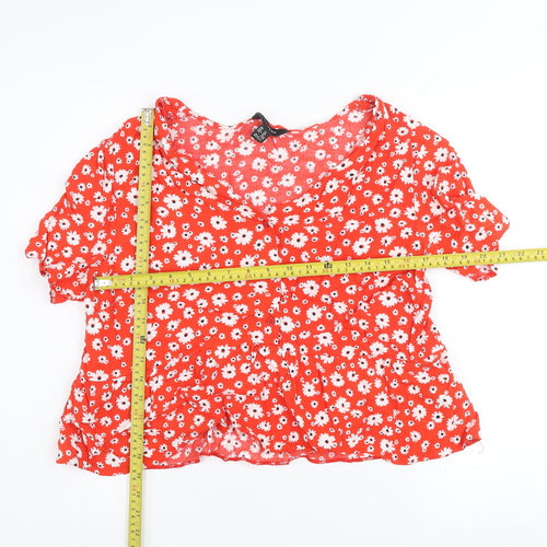 New Look Women Red Floral Cropped V-Neck Blouse UK 16
