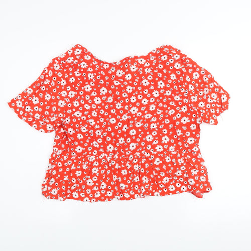 New Look Women Red Floral Cropped V-Neck Blouse UK 16