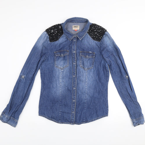 ONLY Women's Blue Denim Beaded Shoulder Long Sleeve Button-Up Shirt Size 12
