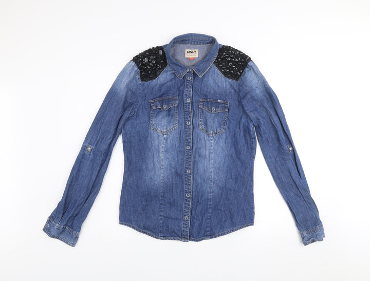 ONLY Women's Blue Denim Beaded Shoulder Long Sleeve Button-Up Shirt Size 12