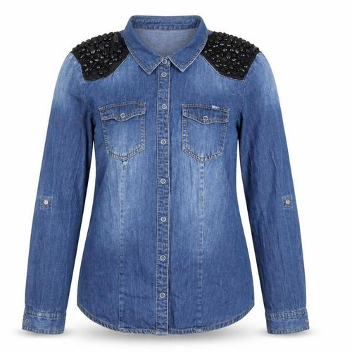 ONLY Women's Blue Denim Beaded Shoulder Long Sleeve Button-Up Shirt Size 12