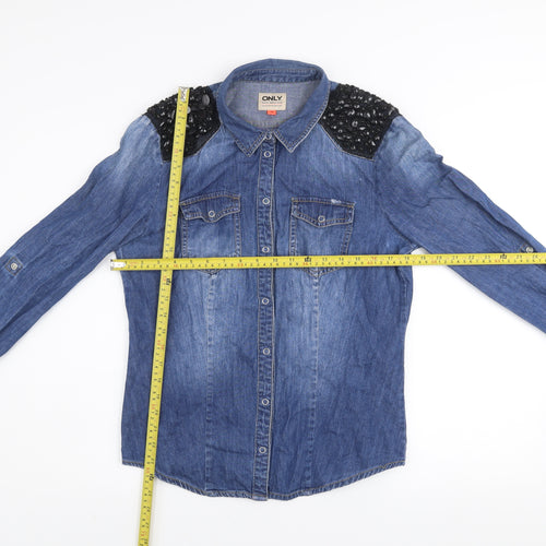 ONLY Women's Blue Denim Beaded Shoulder Long Sleeve Button-Up Shirt Size 12