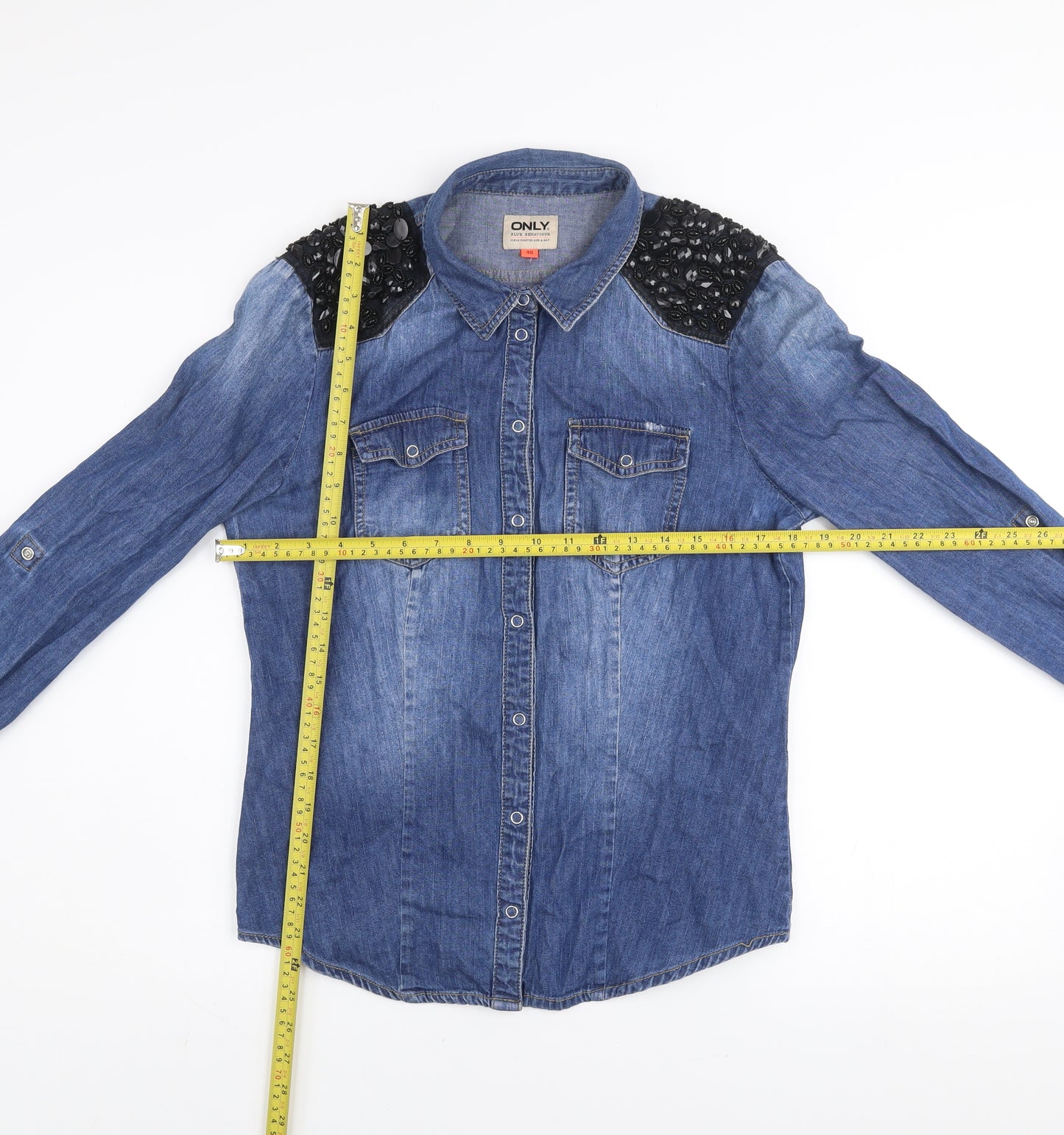 ONLY Women's Blue Denim Beaded Shoulder Long Sleeve Button-Up Shirt Size 12