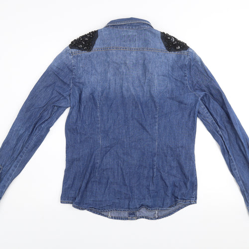ONLY Women's Blue Denim Beaded Shoulder Long Sleeve Button-Up Shirt Size 12