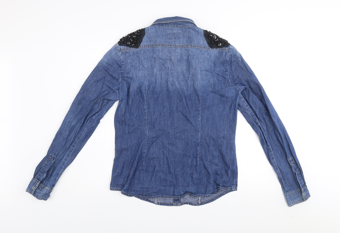 ONLY Women's Blue Denim Beaded Shoulder Long Sleeve Button-Up Shirt Size 12