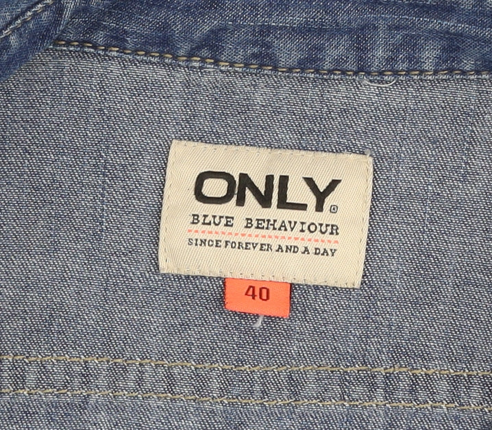 ONLY Women's Blue Denim Beaded Shoulder Long Sleeve Button-Up Shirt Size 12