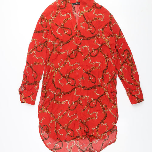 Zara Basic Women Red XS Viscose Shirt Dress Long Sleeve Classic Print