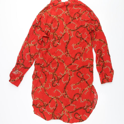 Zara Basic Women Red XS Viscose Shirt Dress Long Sleeve Classic Print