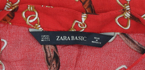 Zara Basic Women Red XS Viscose Shirt Dress Long Sleeve Classic Print