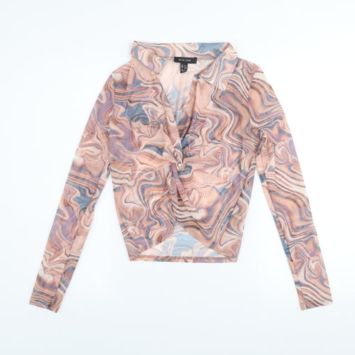 New Look Women’s Multicoloured Mesh Wrap Blouse UK 10 Long Sleeve