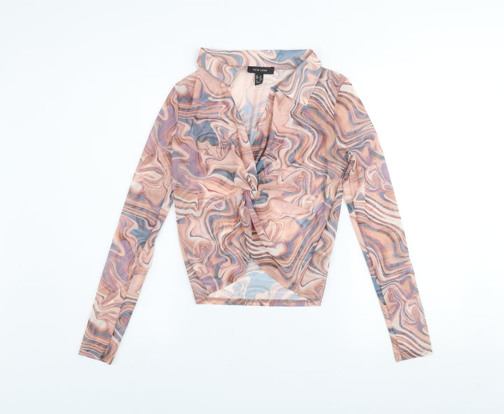 New Look Women’s Multicoloured Mesh Wrap Blouse UK 10 Long Sleeve
