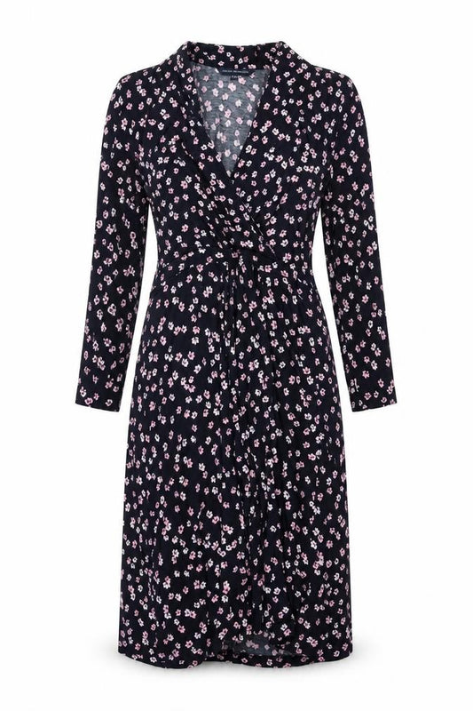 Front view of French Connection Women’s Blue Floral Wrap Dress, size UK 12, Viscose