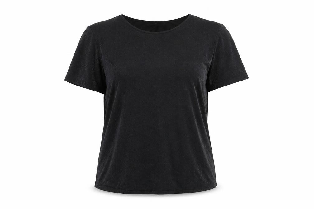 Front view of Dunnes Women’s Black Short Sleeve Basic T-Shirt, size UK 12, Viscose Blend