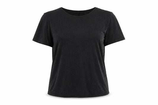 Front view of Dunnes Women’s Black Short Sleeve Basic T-Shirt, size UK 12, Viscose Blend