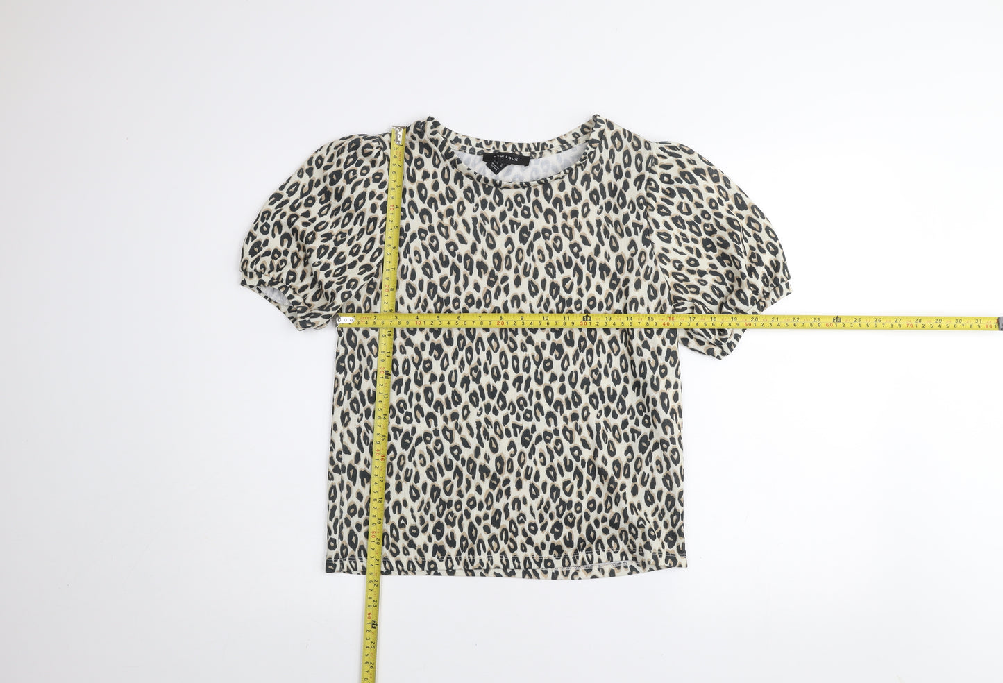 New Look Women’s Beige Leopard Print Puff Sleeve T-Shirt UK 14