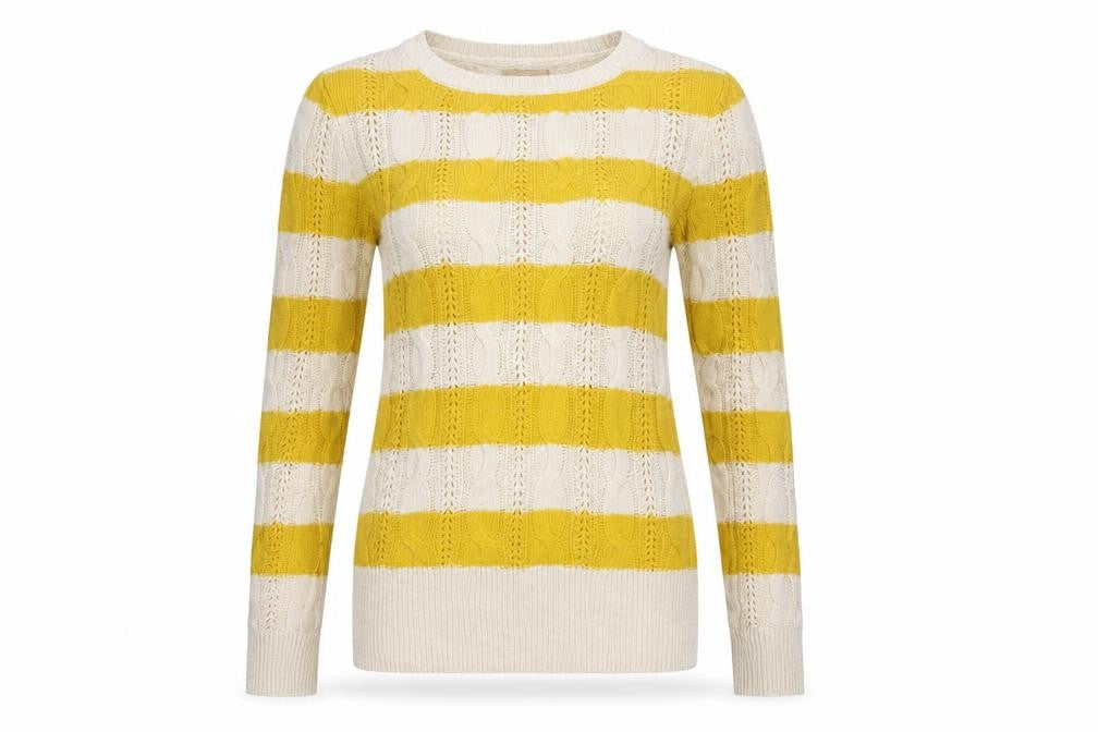 Front view of Aphorism Women’s Yellow Stripe Cable Knit Jumper, size UK 10