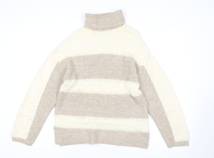 Love & Roses Women's Beige Roll Neck Striped Knit Jumper Size 10