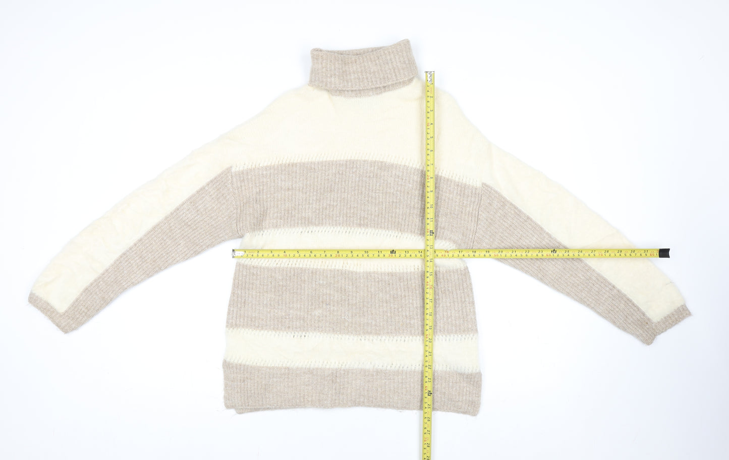 Love & Roses Women's Beige Roll Neck Striped Knit Jumper Size 10