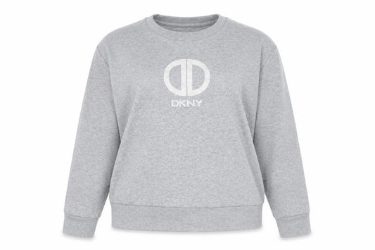 Front view of DKNY Women’s Grey Crew Neck Logo jumper, size UK 14
