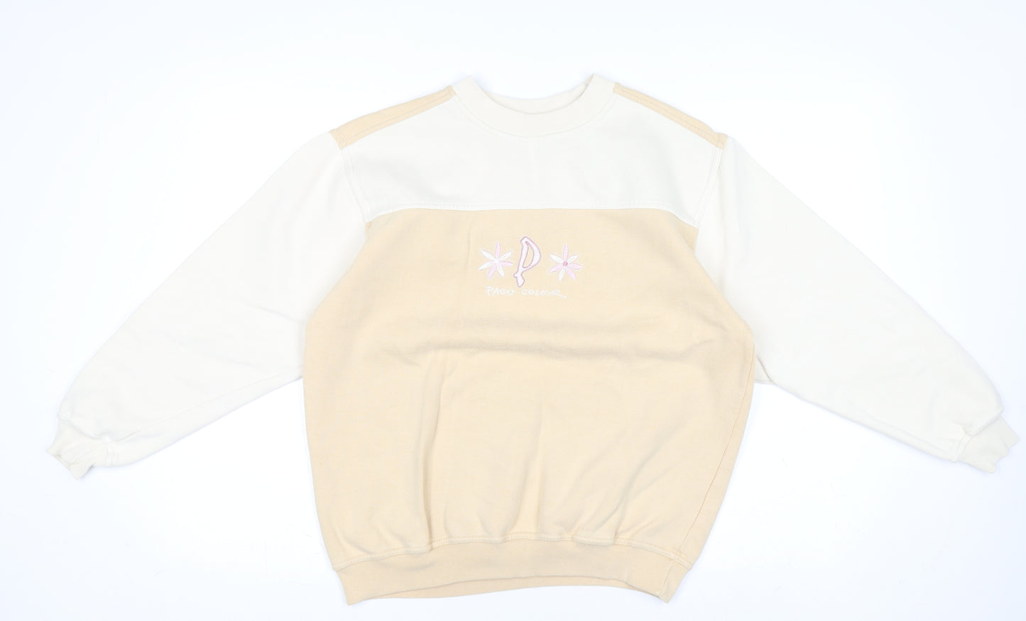 Paco Women Beige & Ivory Pullover Sweatshirt S/M Embroidered Logo Cotton Blend