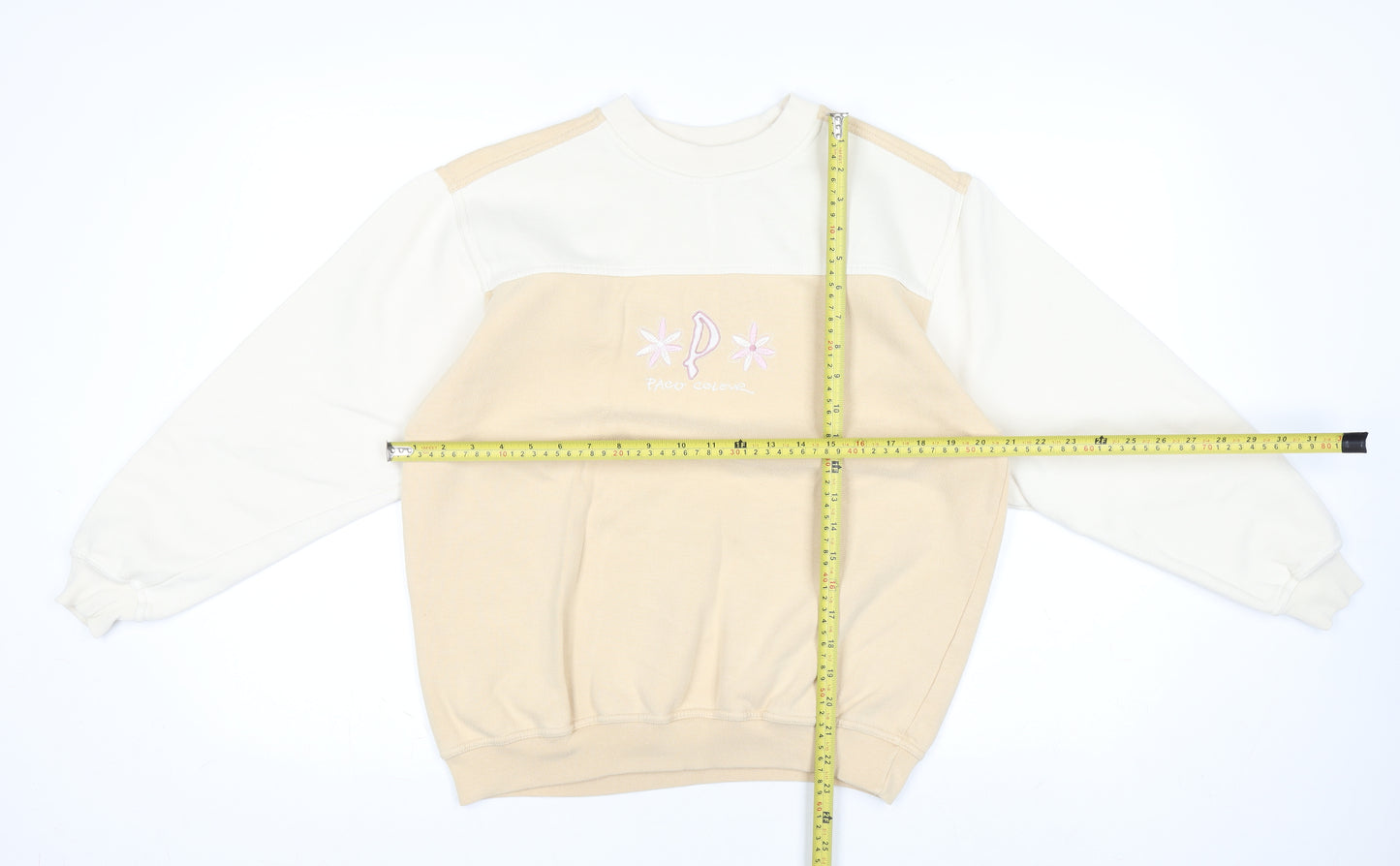 Paco Women Beige & Ivory Pullover Sweatshirt S/M Embroidered Logo Cotton Blend