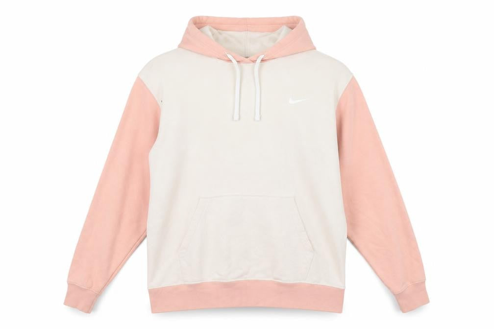 Front view of Nike Women Beige & Pink Colourblock Pullover Hoodie, size M, Cotton