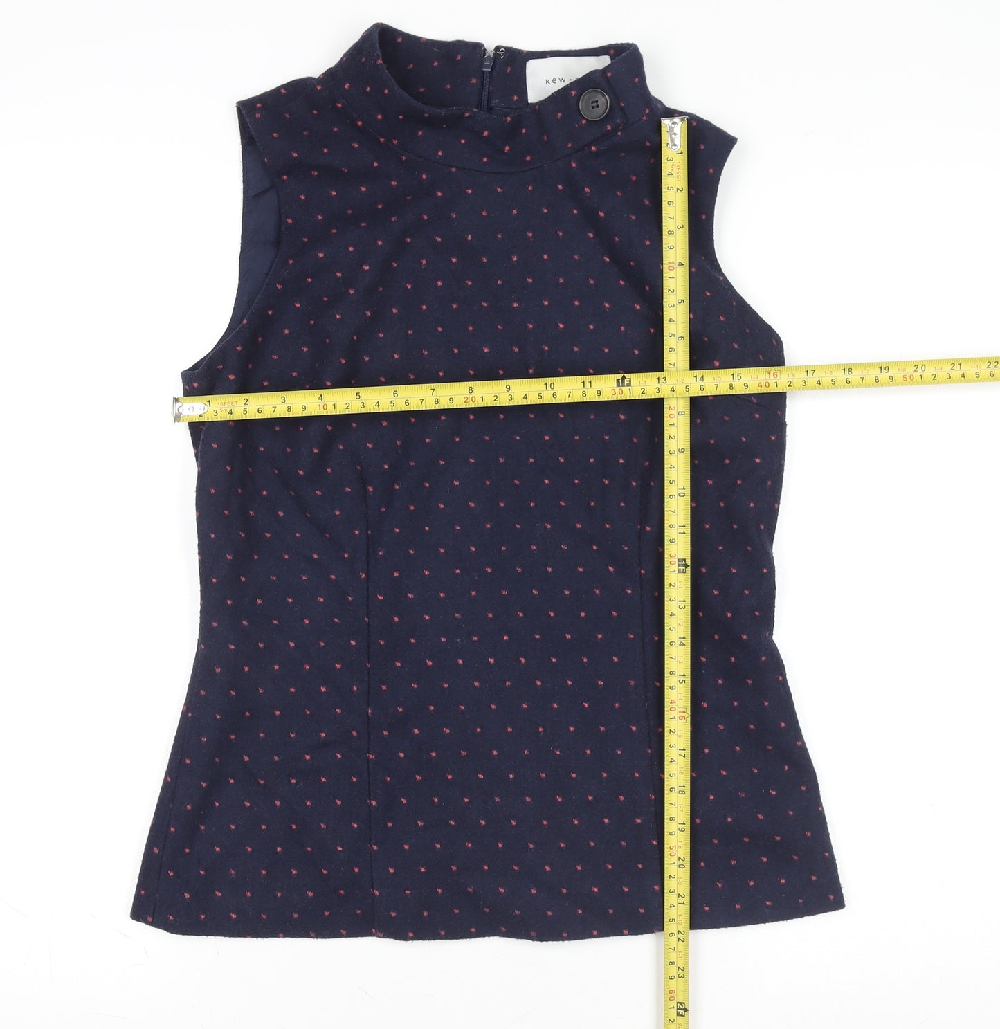 Kew 159 Women's Blue Polka Dot Wool Sleeveless Mock Neck Blouse Size 12