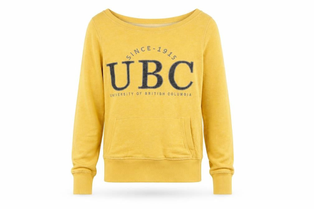 Front view of Varsity Collection unisex yellow ubc graphic long sleeve sweatshirt s