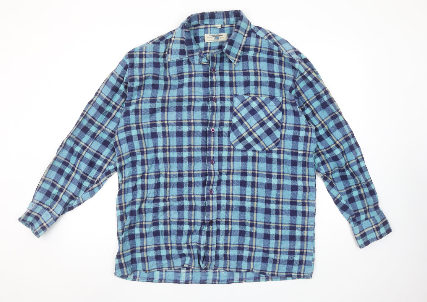 Pierre Leon Men's Blue Checked Flannel Long Sleeve Casual Shirt L