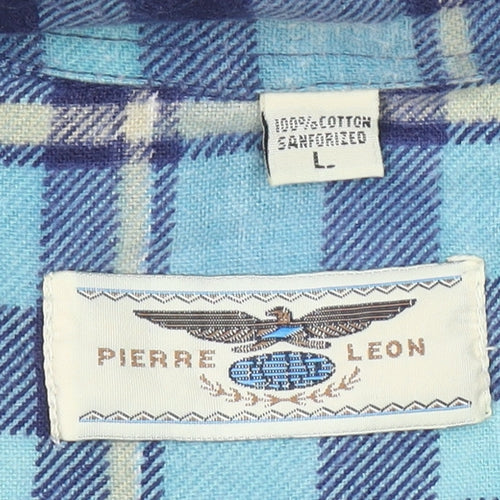 Pierre Leon Men's Blue Checked Flannel Long Sleeve Casual Shirt L