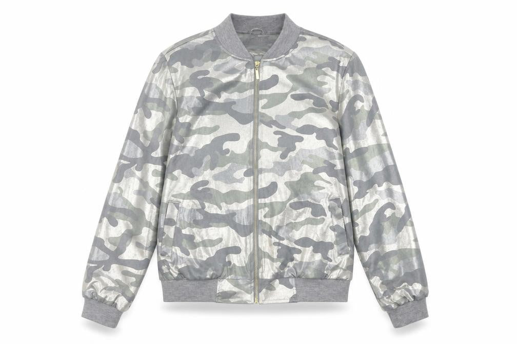 Front view of Quiz women’s grey camouflage full zip hoodie, size UK 10, polyester