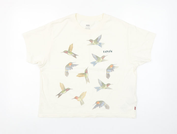 Levi’s Women’s Ivory Short Sleeve Crew Neck T-Shirt XS Hummingbird Print Cotton