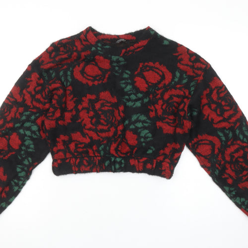 Bershka Women’s Black Red Floral Knit Pullover Jumper Size 8