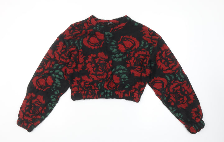 Bershka Women’s Black Red Floral Knit Pullover Jumper Size 8