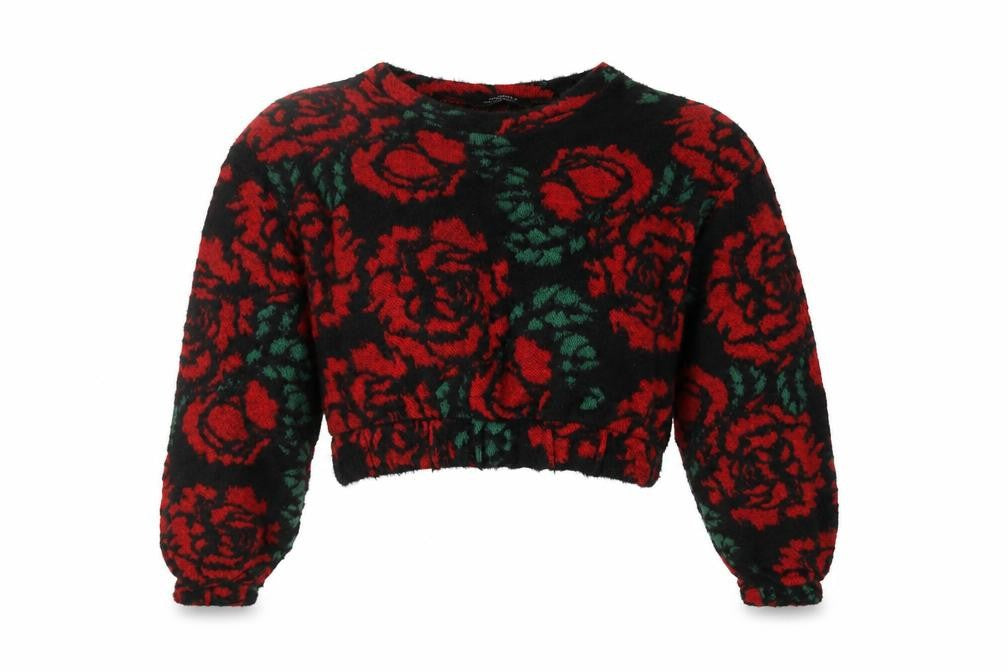 Front view of Bershka Women’s Black Red Floral Knit jumper, size UK 8