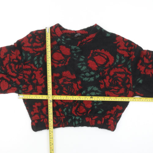 Bershka Women’s Black Red Floral Knit Pullover Jumper Size 8
