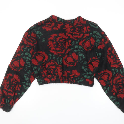 Bershka Women’s Black Red Floral Knit Pullover Jumper Size 8