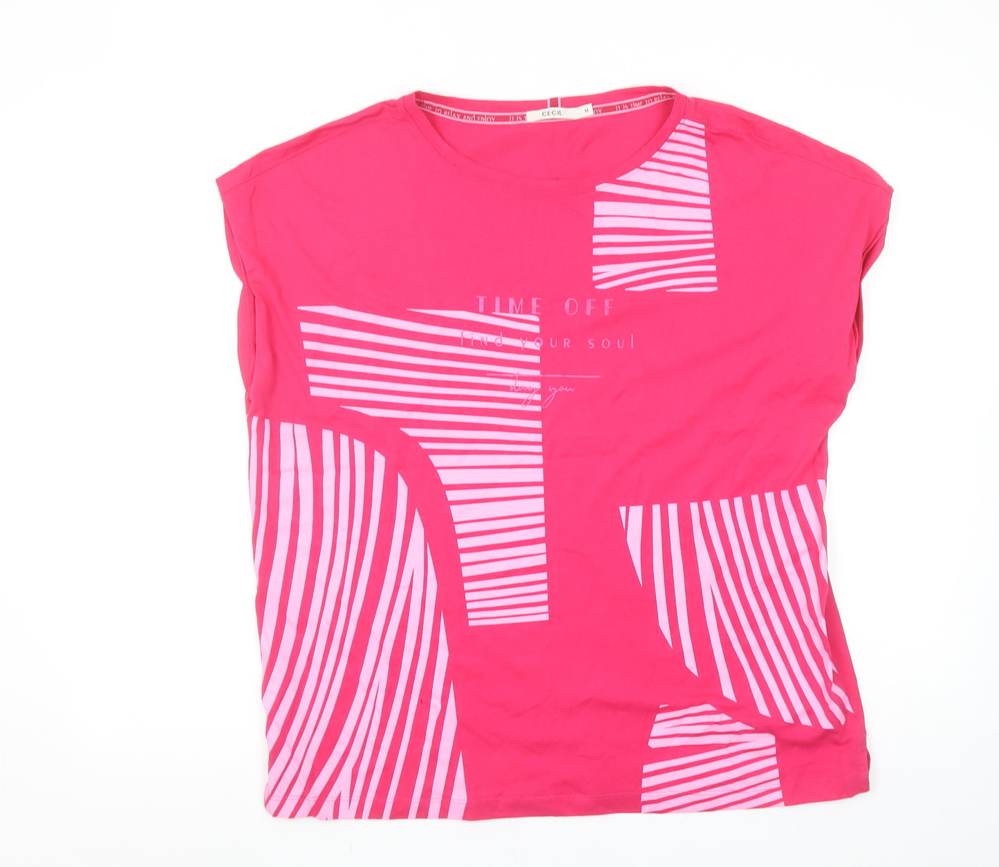 Cecil Women's Pink Striped Crew Neck Cotton T-Shirt Size M