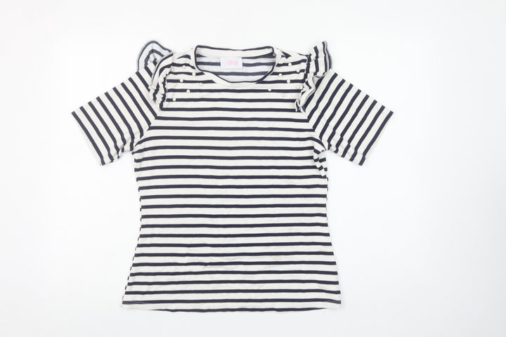 Savida Women’s Blue Striped Short Sleeve Ruffle T-Shirt Size 12