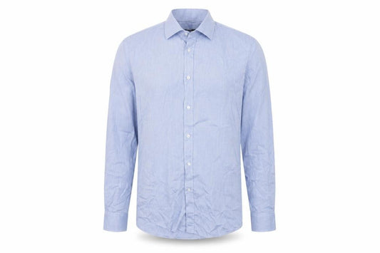 Front view of Dunnes Men's Blue Cotton Blend Regular Fit Long Sleeve Shirt, size 16”