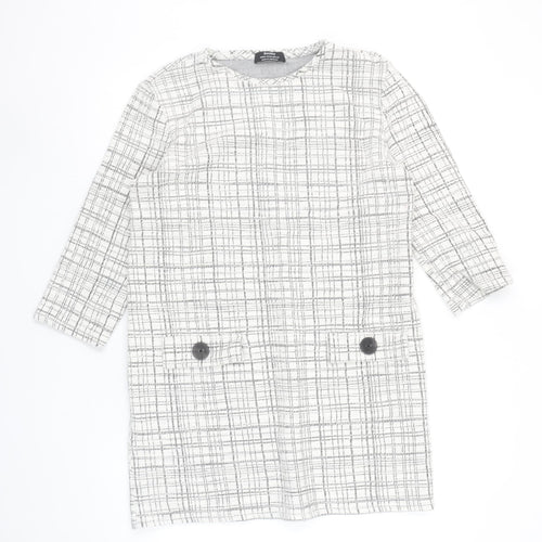 Bershka Women Grey Check Shift Dress Size 10 3/4 Sleeve