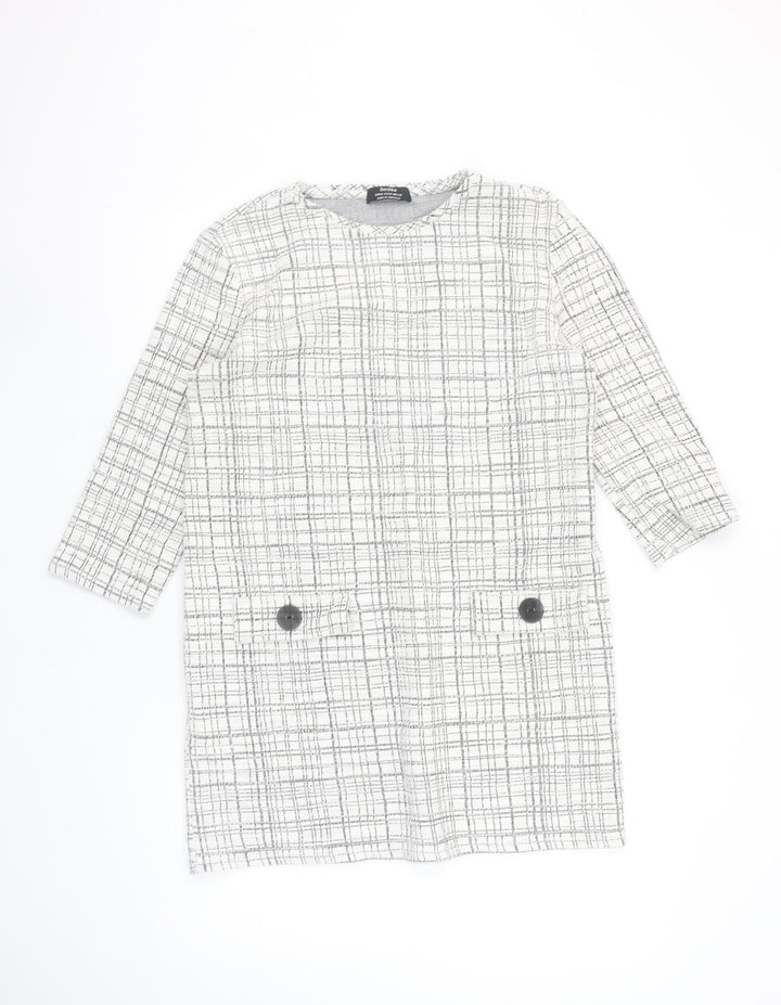 Bershka Women Grey Check Shift Dress Size 10 3/4 Sleeve
