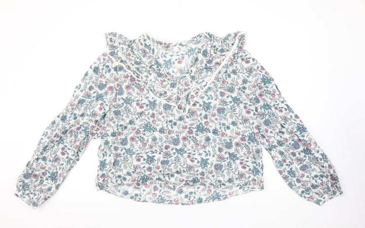 Springfield Women’s Multicoloured Floral Cotton Ruffle Blouse Size 10