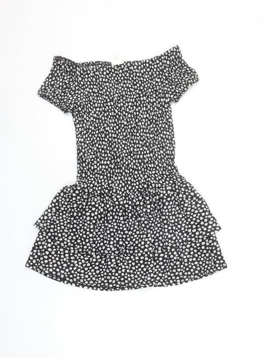 Zara Girls Black Floral Off Shoulder Skater Dress 11-12 Years
