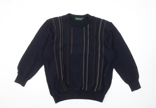 Deer Park Men's Blue Wool Blend Geometric Crew Neck Jumper M