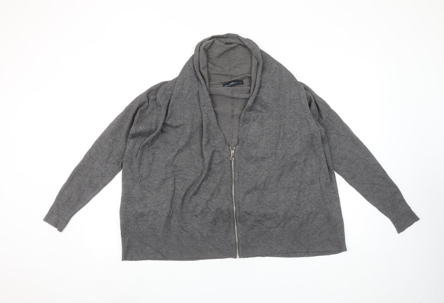ZARA Women Grey Full Zip Knit Cowl Neck Jumper Size S