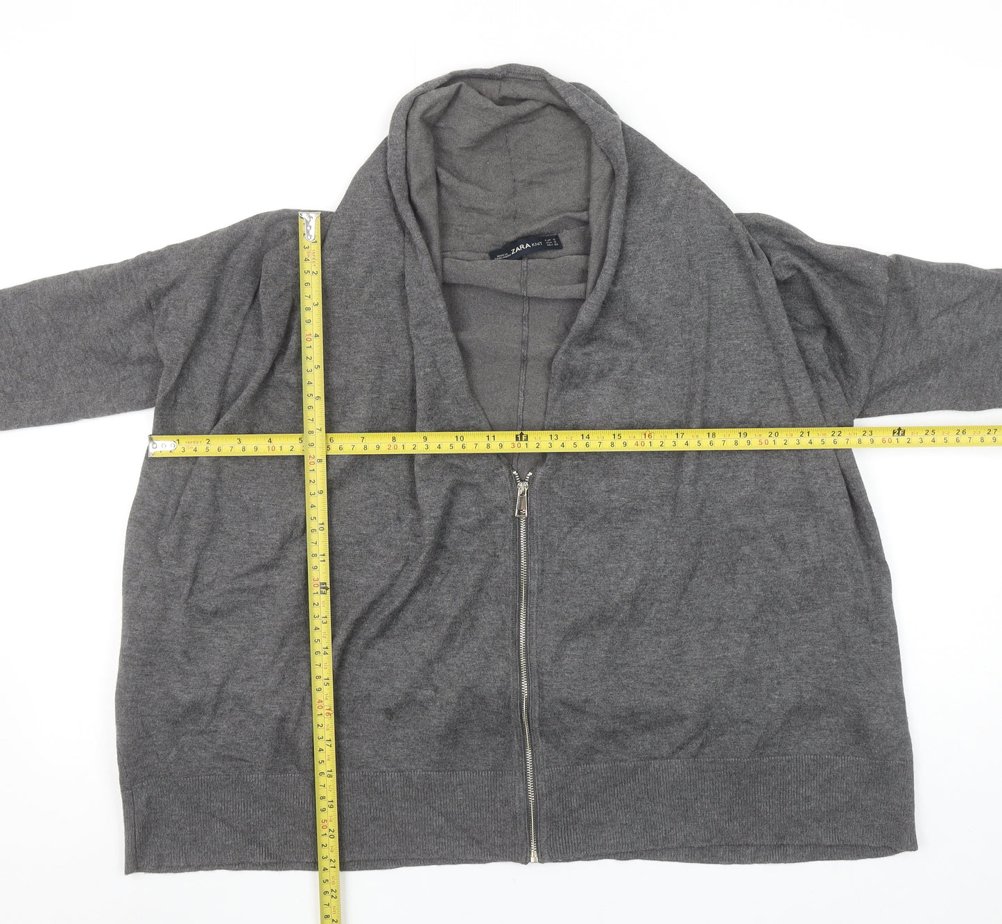 ZARA Women Grey Full Zip Knit Cowl Neck Jumper Size S
