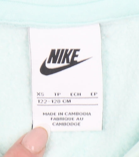 Nike Girls Green Pullover Hoodie XS (6-7 Years) Fleece Logo Sweatshirt