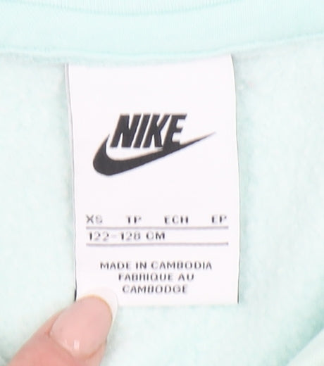 Nike Girls Green Pullover Hoodie XS (6-7 Years) Fleece Logo Sweatshirt